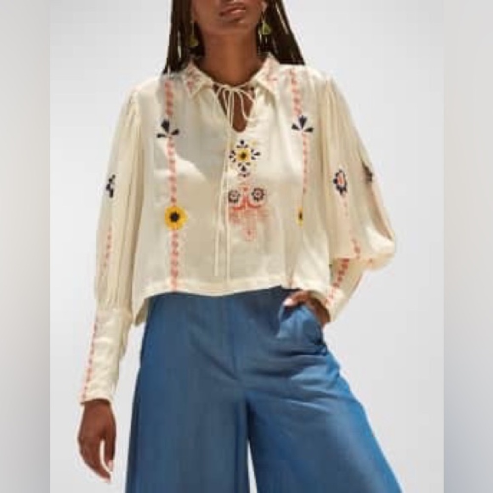 Carolina K Elis Collared Split-Neck Embroidery Top Size XS Excellent Condition